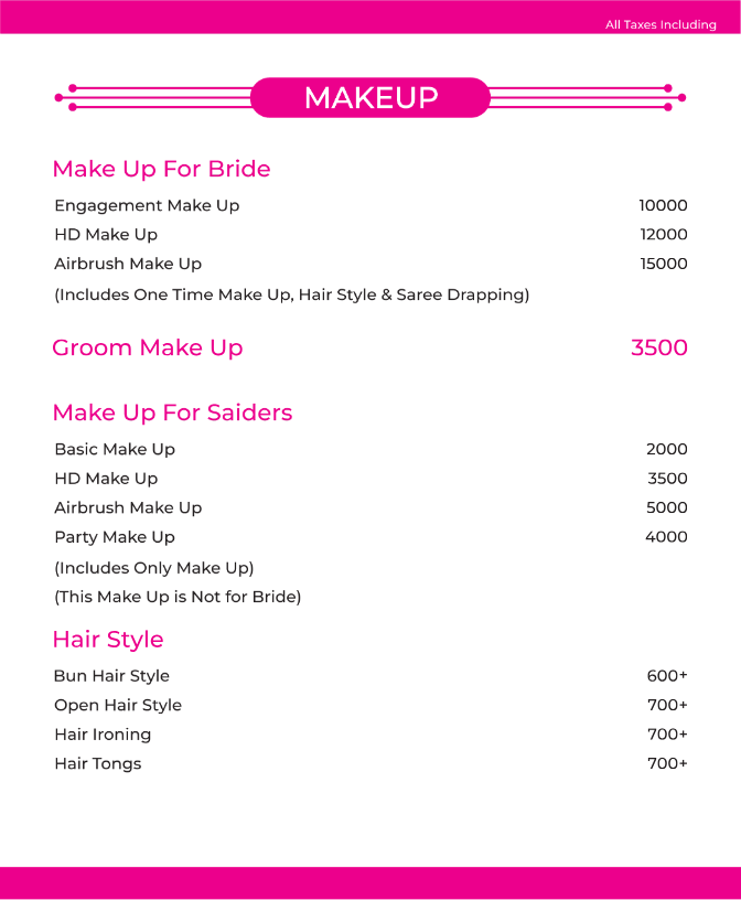 Bridal makeup, HD makeup and airbrush makeup packages price list at Awesome Salon