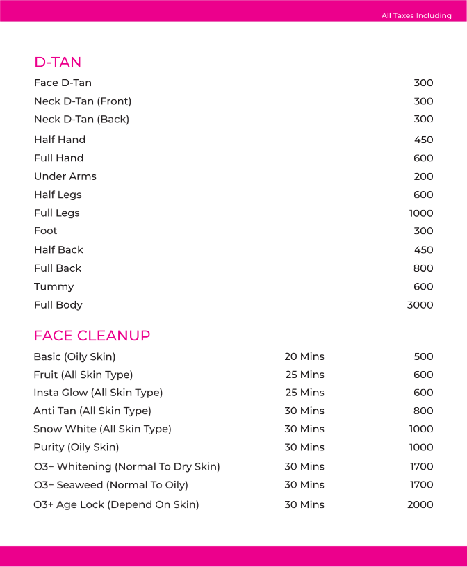 D-tan treatment and face cleanup services price list for tan removal and skin care at Awesome Salon