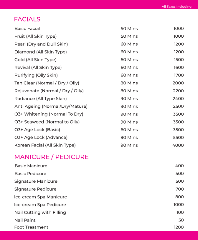 Facial treatments, manicure and pedicure services price list for glowing skin and nail care at salon