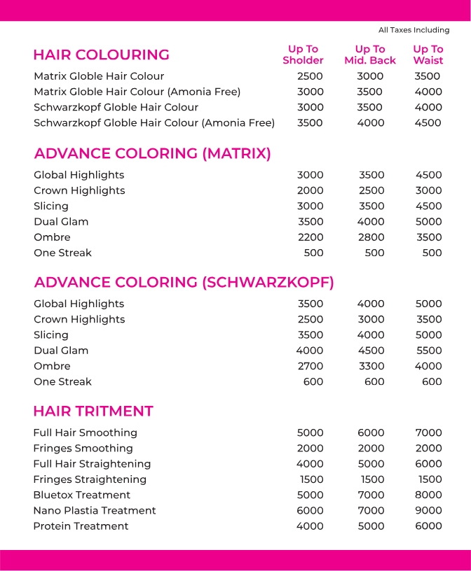 Professional hair coloring, highlights, global color and hair treatment price list at Awesome Salon