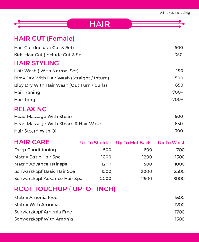 Affordable female hair services price list including haircut, hair spa, styling and treatments at Awesome Salon