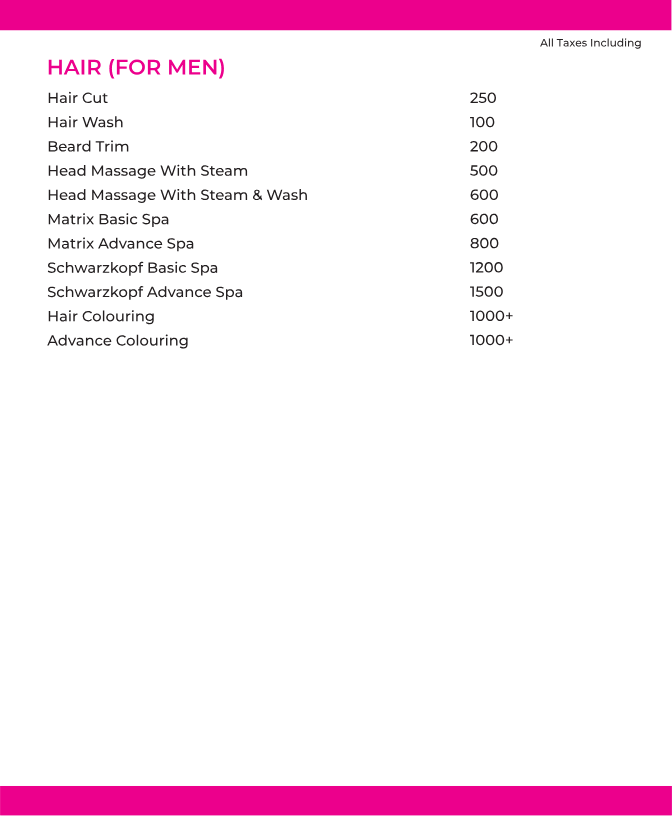 Men's hair services price list including haircut, beard trim, hair spa and coloring at Awesome Salon