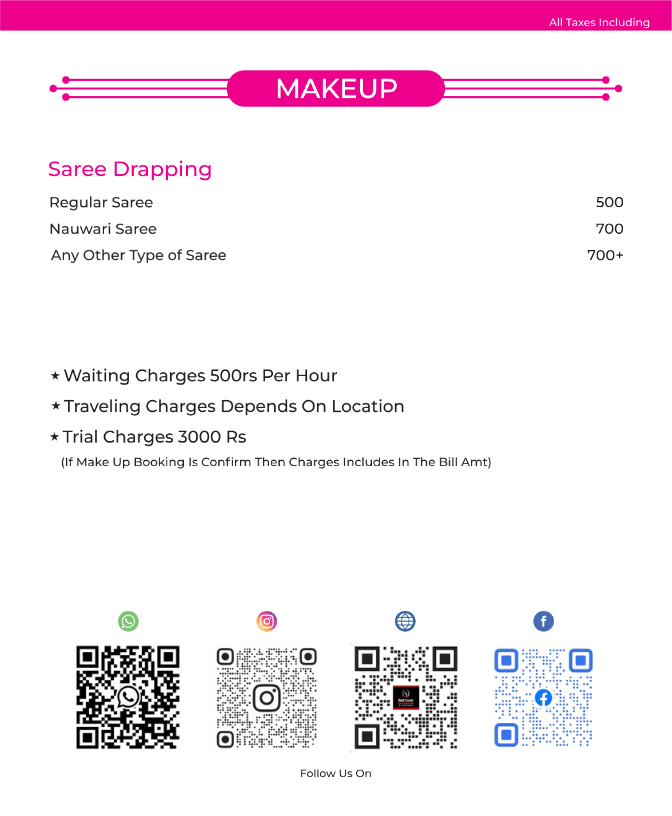 Saree draping services and bridal makeup pricing details including engagement and party makeup at salon