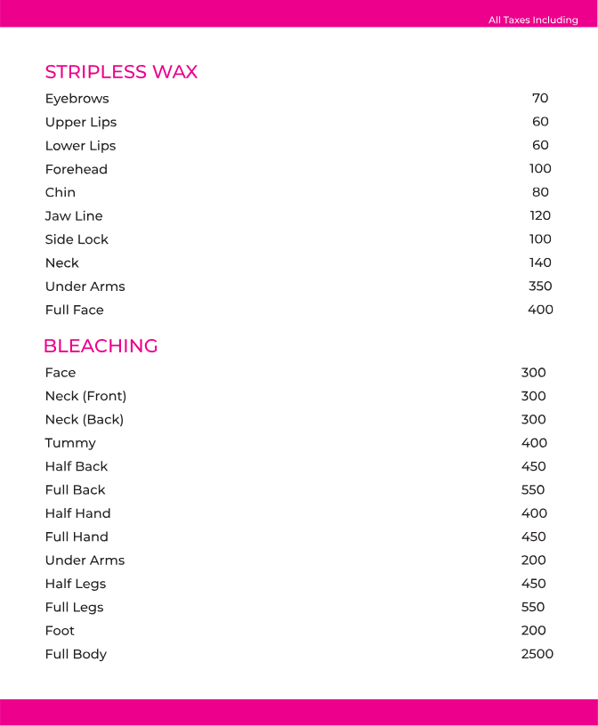 Stripless waxing and skin bleaching services price list for smooth and glowing skin at salon