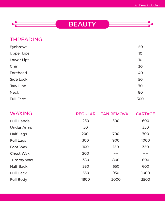 Eyebrow threading and full body waxing services price list at professional beauty salon