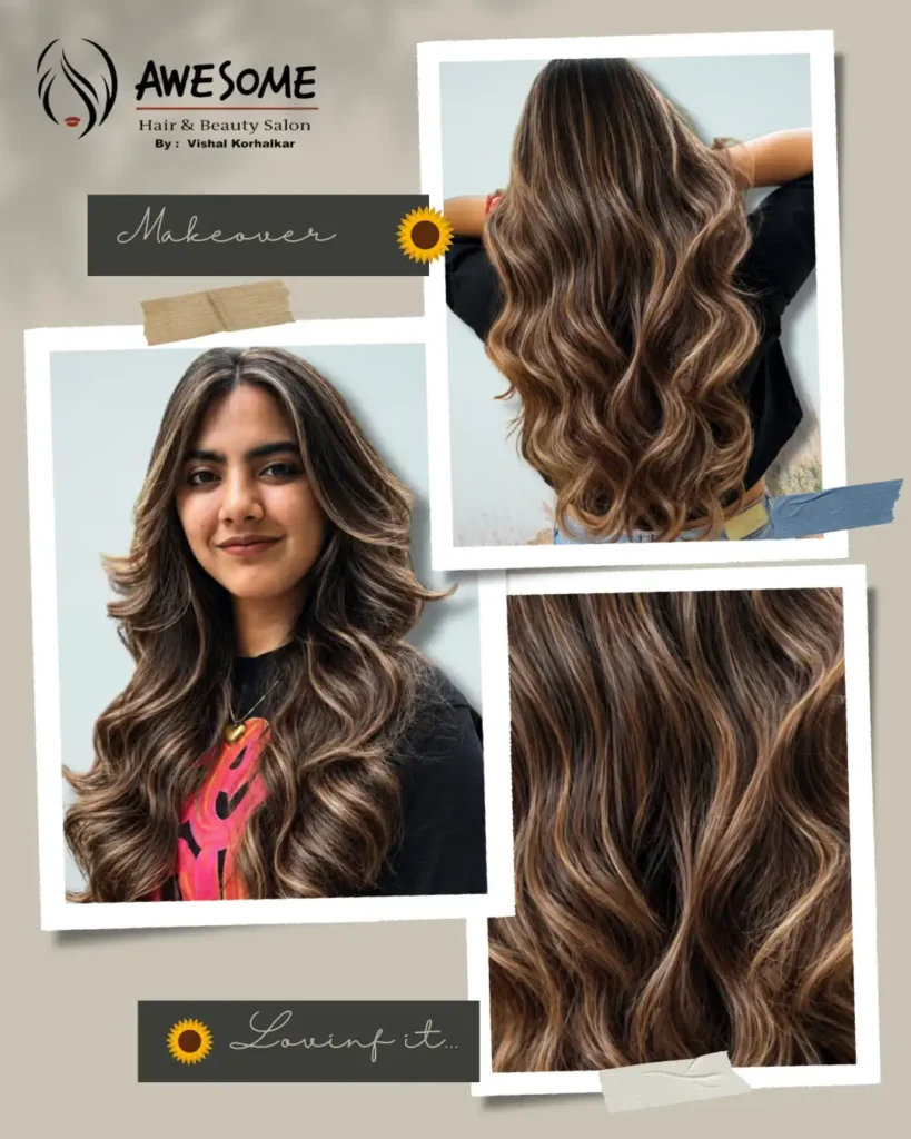 Soft wavy balayage hairstyle transformation at Awesome Hair & Beauty Salon, featuring glossy, voluminous, professionally styled long hair.