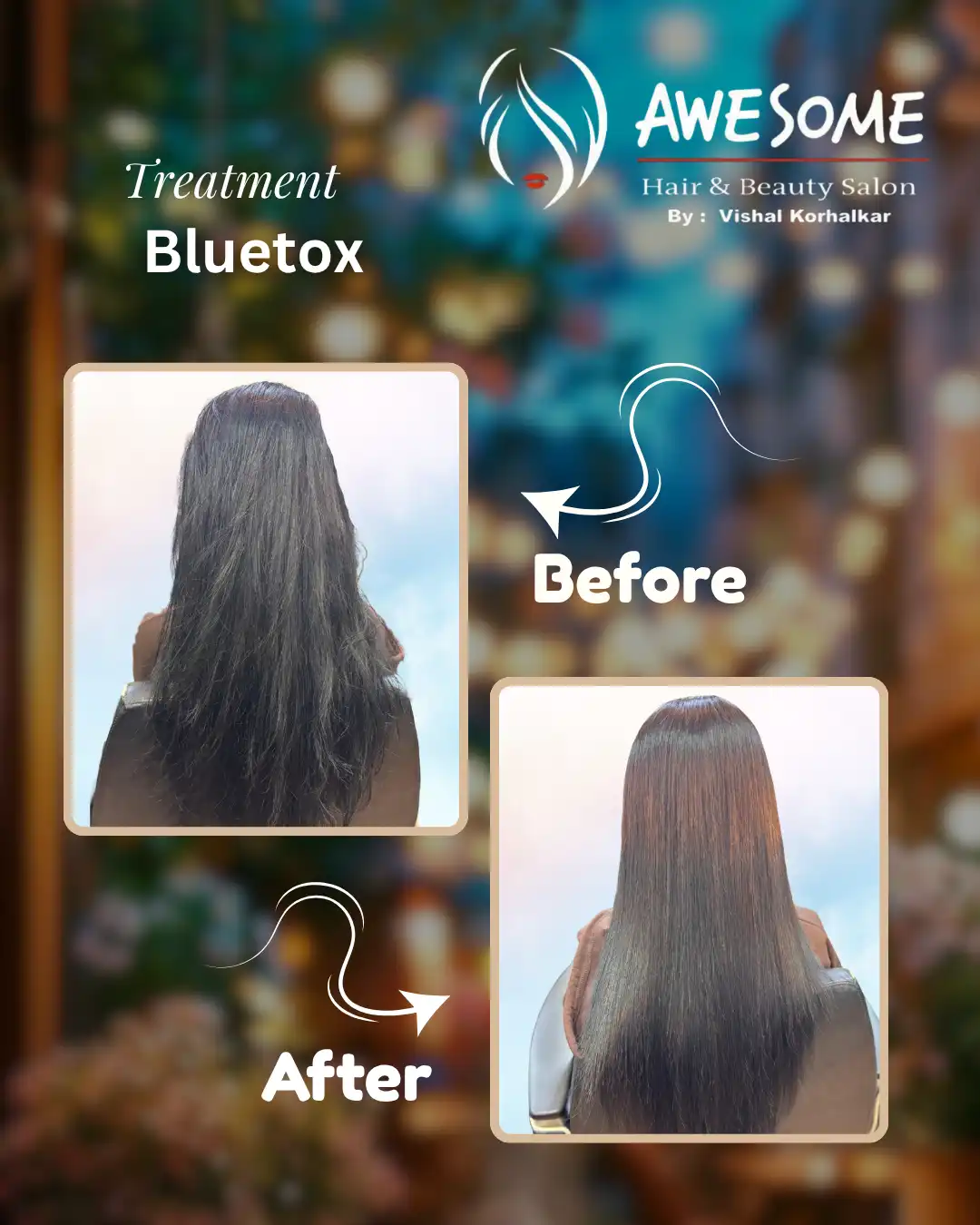 Before and after Bluetox hair treatment showing smooth, frizz-free, shiny, and straight hair transformation at Awesome Salon in Pune.