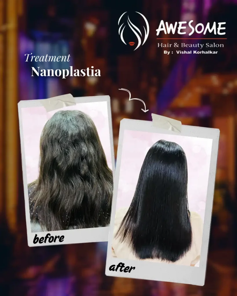 Before and after Nanoplastia hair treatment showing wavy, frizzy hair transformed into smooth, straight, shiny, and healthy-looking hair results.