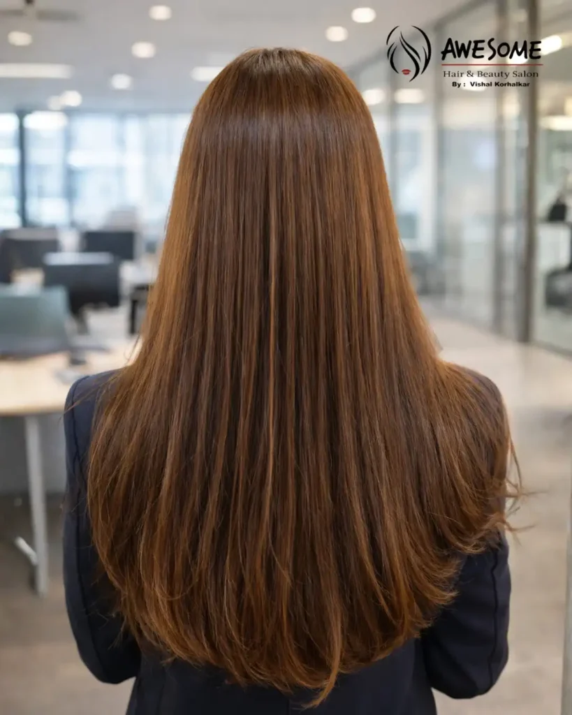 Smooth straight brown layered hair styled with a natural glossy blowout finish inside a modern hair salon at Awesome Hair & Beauty Salon