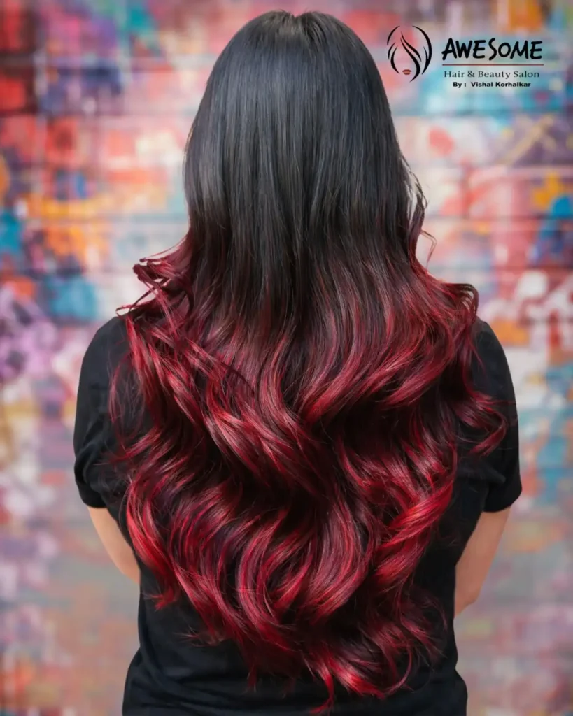 ruby red balayage hair color transformation awesome salon pune